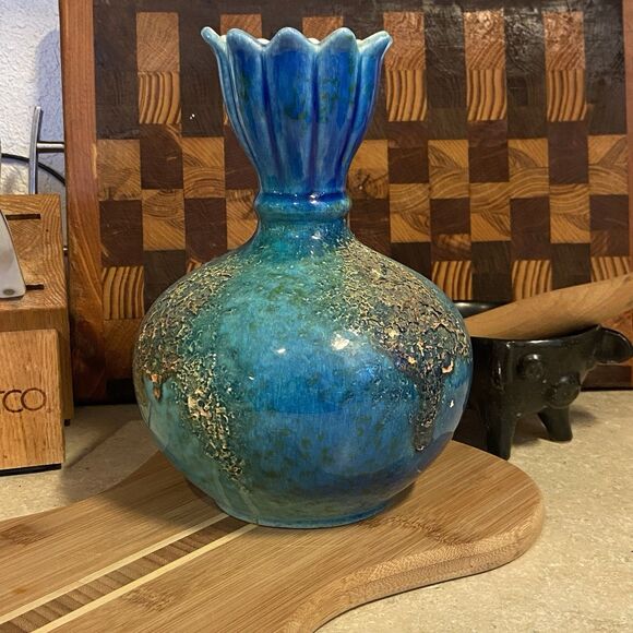 vintage haegar tulip top vase blue mottled 4040 signed usa decor collectors - Picture 2 of 8